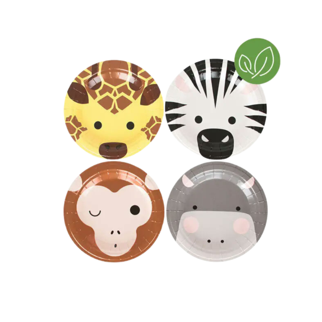 Colorful animal face paper plates set for kids safari theme from Parte Haus party supply store in Bethesda MD