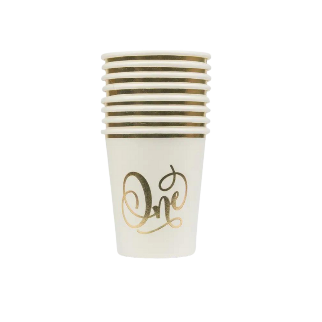 White gold birthday cup stack with One script for first birthday from Parte Haus party supply store in Bethesda Maryland