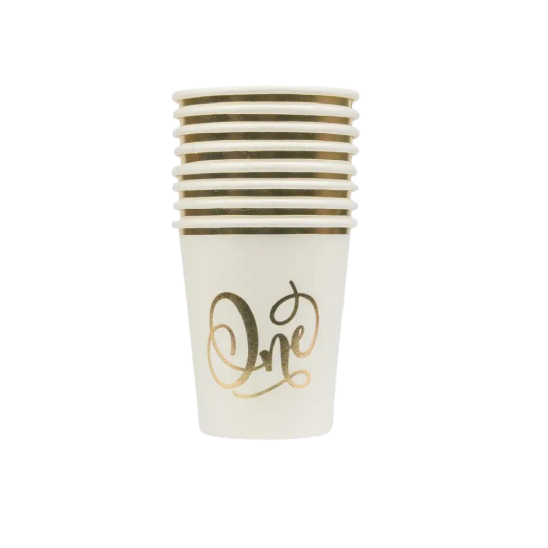 White gold birthday cup stack with One script for first birthday from Parte Haus party supply store in Bethesda Maryland
