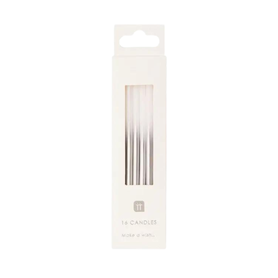 Silver birthday candles in a white box classic celebration from Parte Haus party supply store in Bethesda Maryland