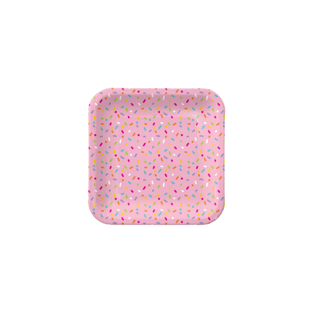 Pink confetti square plate with sprinkle design birthday theme from Parte Haus party supply store in Bethesda MD