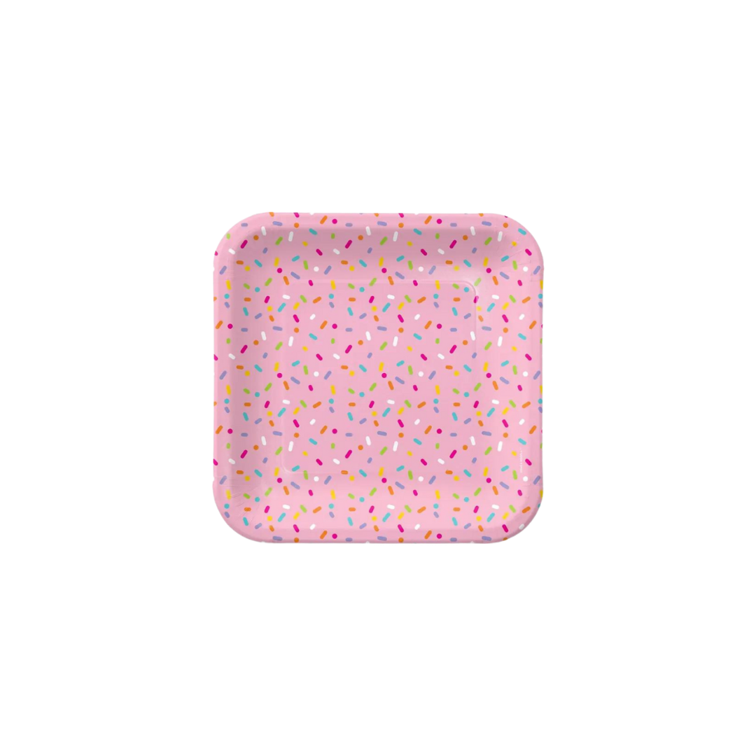Pink confetti square plate with sprinkle design birthday theme from Parte Haus party supply store in Bethesda MD