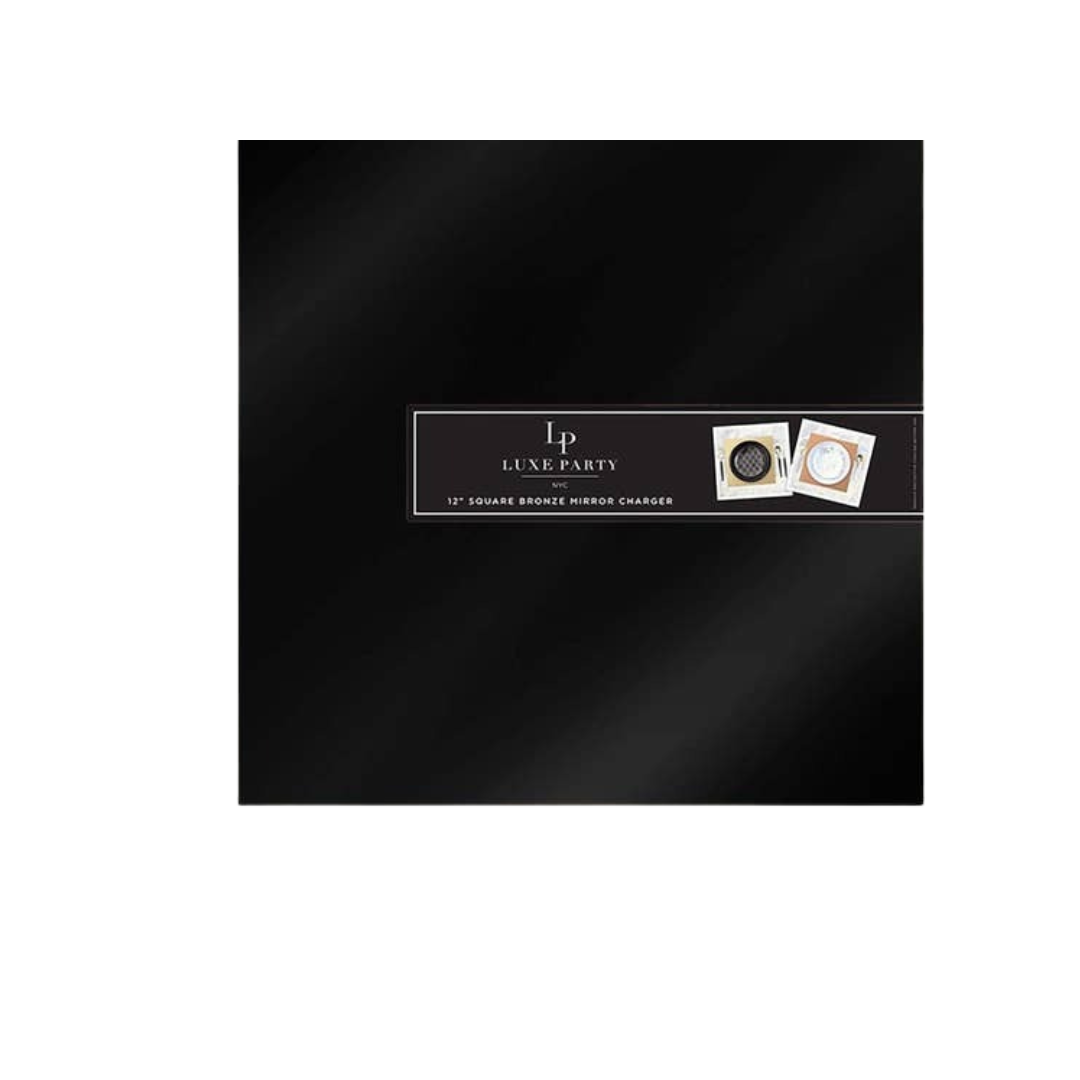 Bronze square mirror charger elegant table decor Luxe Party from Parte Haus party supply store in Bethesda Maryland