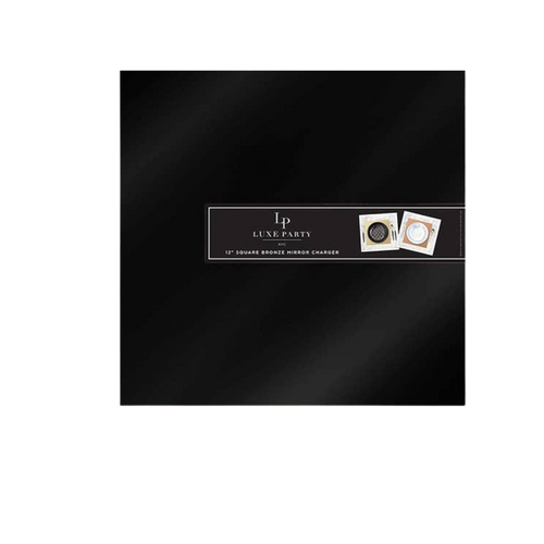 Bronze square mirror charger elegant table decor Luxe Party from Parte Haus party supply store in Bethesda Maryland