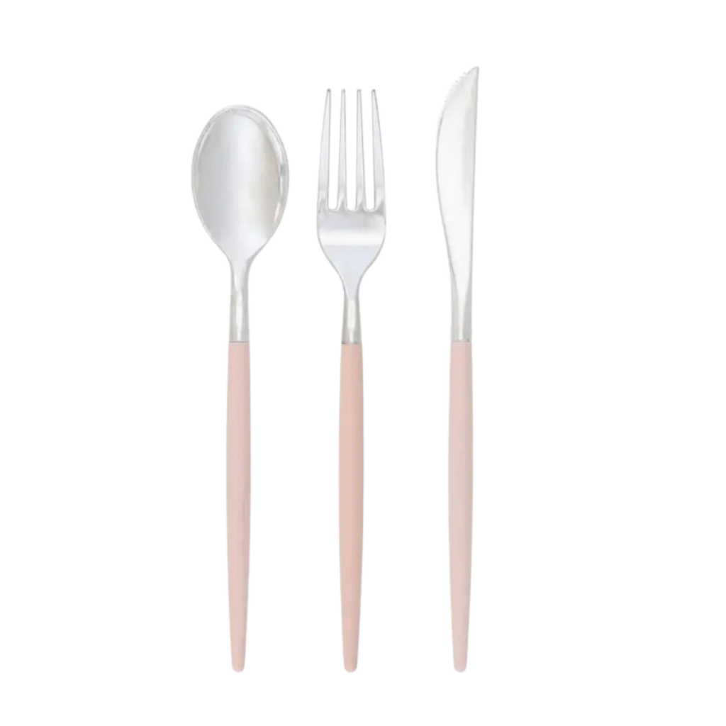 Blush pink cutlery set with modern silver tops for elegant dining from Parte Haus party supply store in Bethesda MD