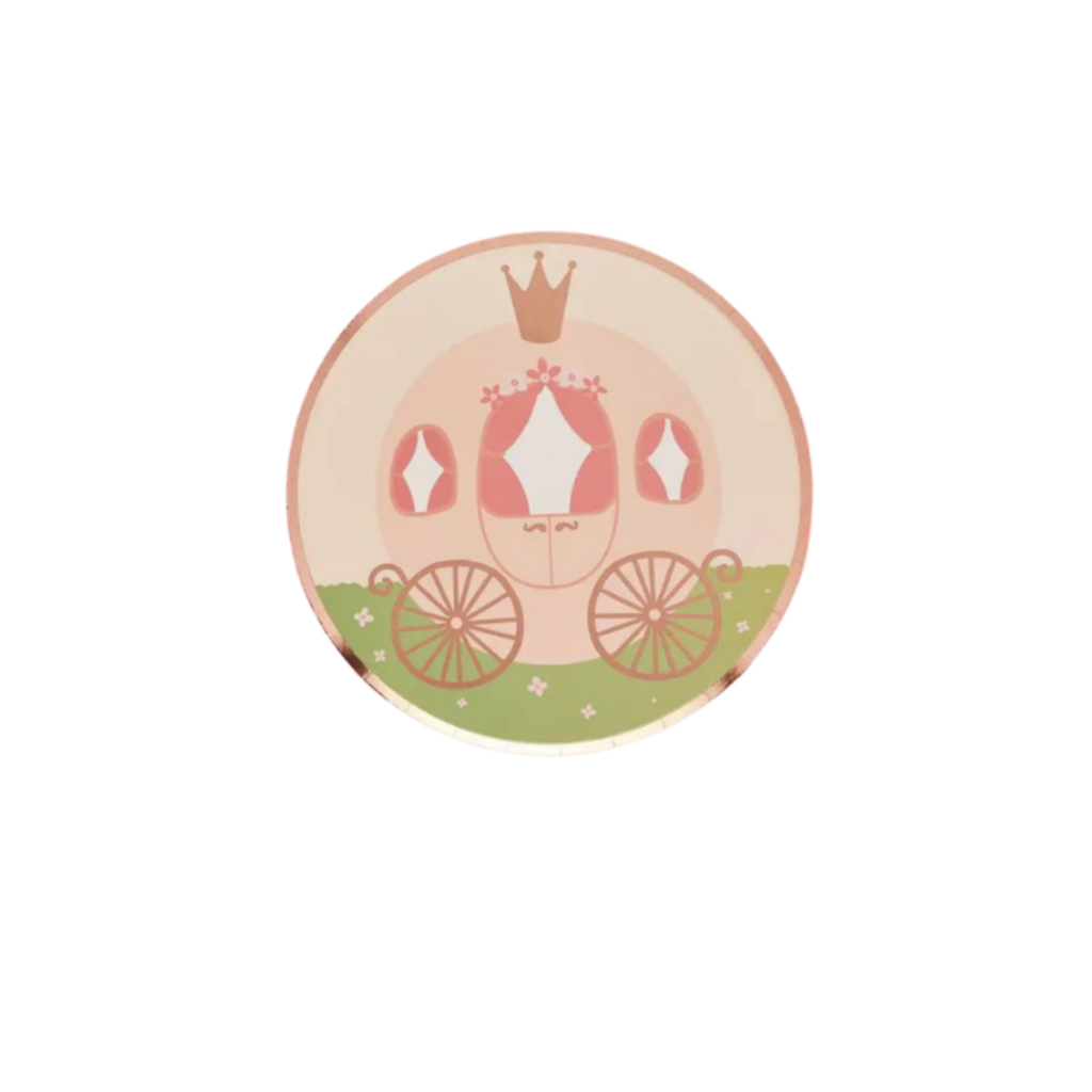 Pink princess carriage paper plate for birthday from Parte Haus party supply store in Bethesda MD
