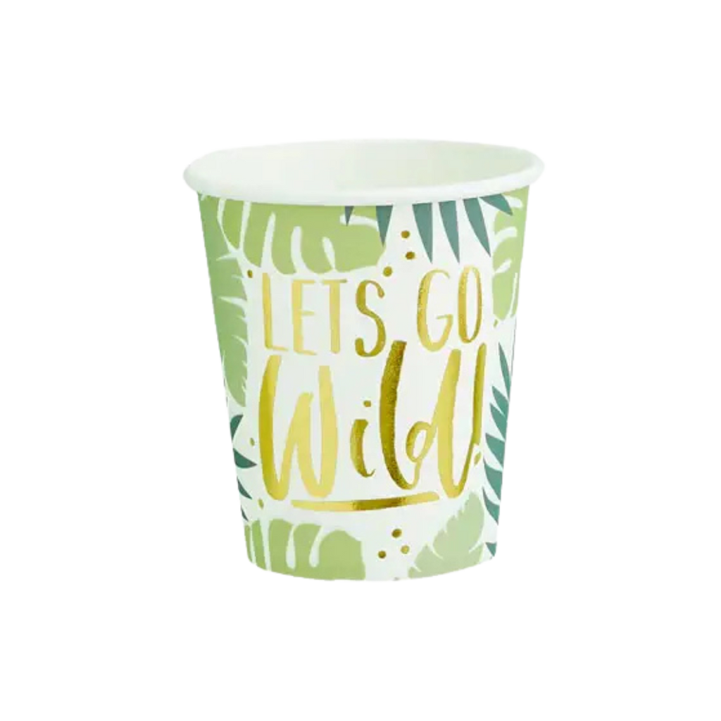 Green and gold paper cup with tropical leaf design for jungle theme from Parte Haus party supply store in Bethesda Maryland