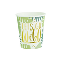 Green and gold paper cup with tropical leaf design for jungle theme from Parte Haus party supply store in Bethesda Maryland