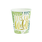 Green and gold paper cup with tropical leaf design for jungle theme from Parte Haus party supply store in Bethesda Maryland
