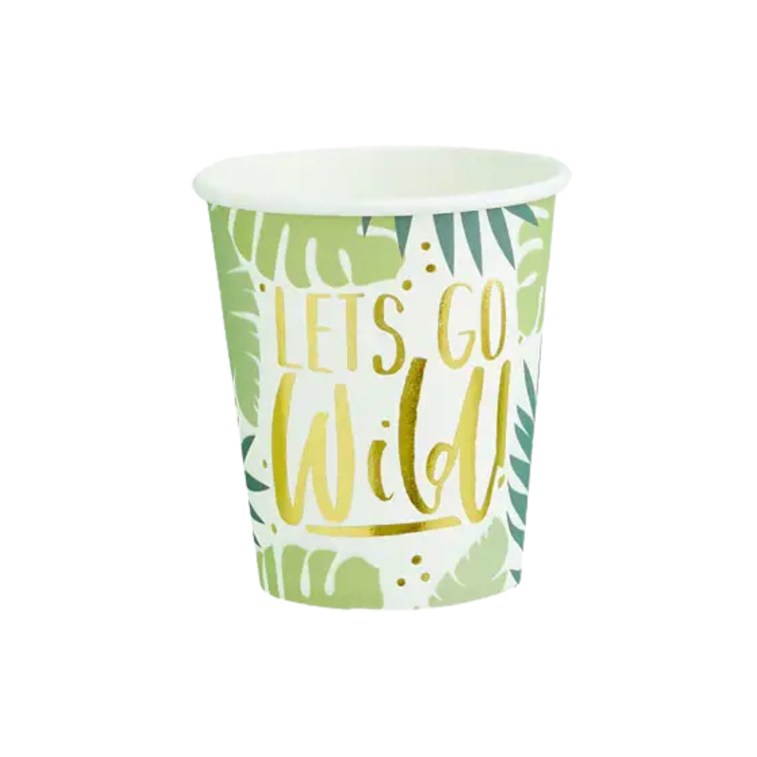 Green and gold paper cup with tropical leaf design for jungle theme from Parte Haus party supply store in Bethesda Maryland