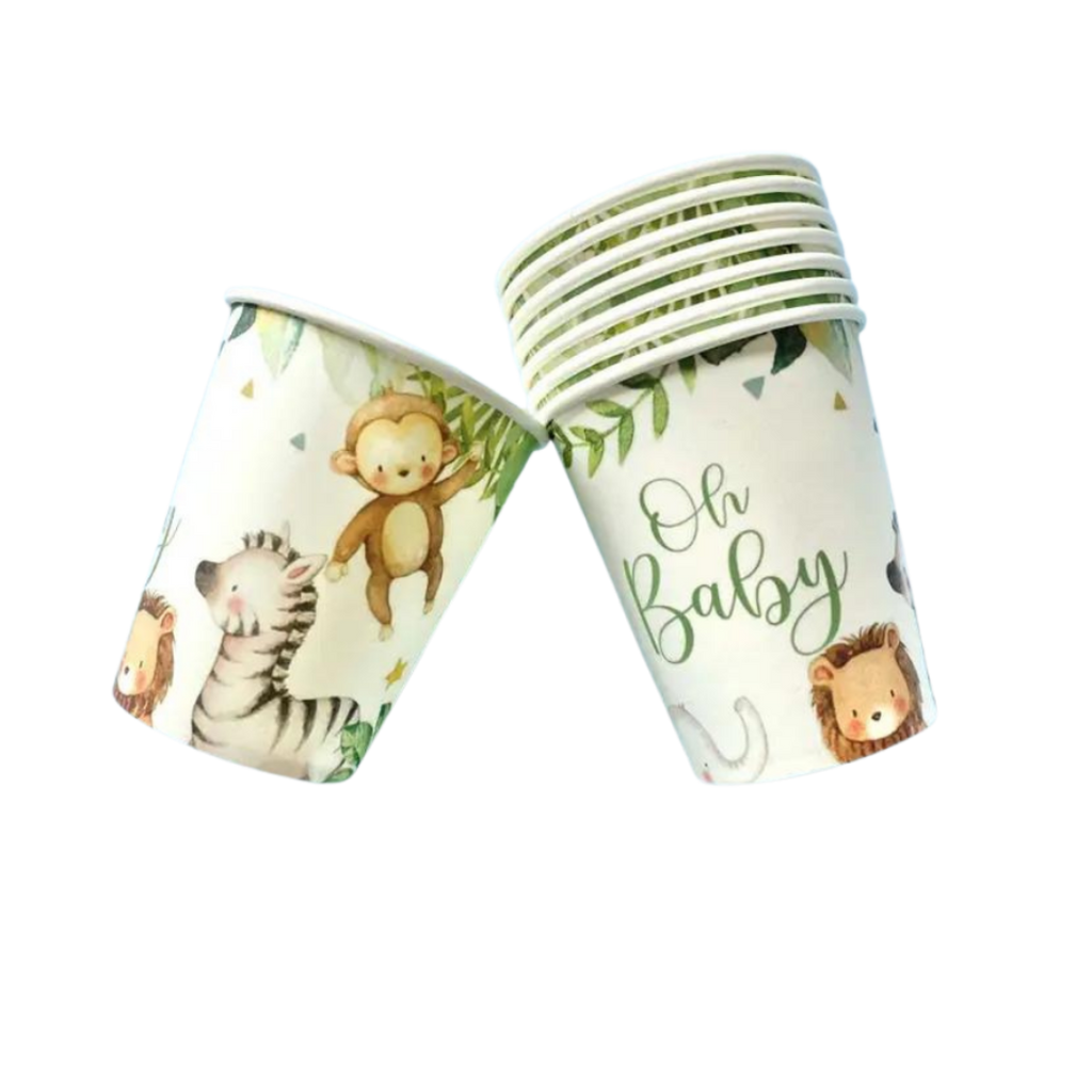 white animal print baby shower cups Oh Baby theme from Parte Haus party supply store in Bethesda Maryland
