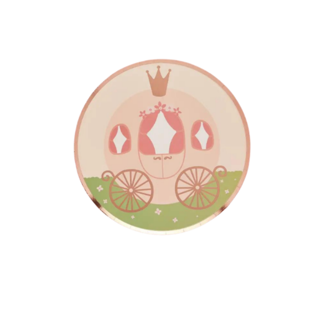 Pink princess carriage round plate fairy tale theme from Parte Haus party supply store in Bethesda Maryland