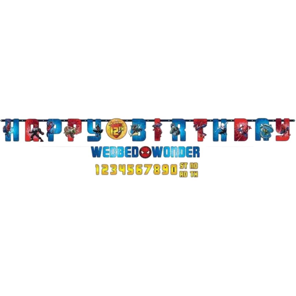 Blue and red Spider Man birthday banner with characters for kids birthday from Parte Haus party supply store in Bethesda Maryland