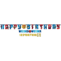 Blue and red Spider Man birthday banner with characters for kids birthday from Parte Haus party supply store in Bethesda Maryland