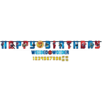 Blue and red Spider Man birthday banner with characters for kids birthday from Parte Haus party supply store in Bethesda Maryland