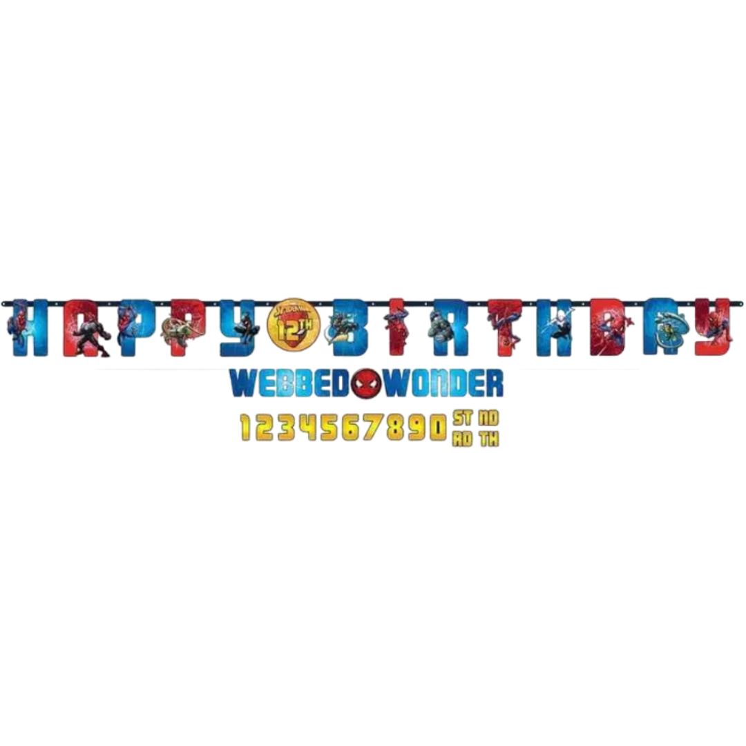 Blue and red Spider Man birthday banner with characters for kids birthday from Parte Haus party supply store in Bethesda Maryland
