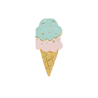 Pastel blue and pink ice cream pin with gold waffle cone birthday theme from Parte Haus party supply store in Bethesda MD