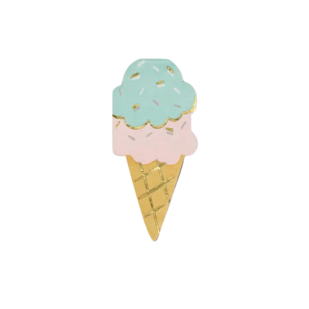 Pastel blue and pink ice cream pin with gold waffle cone birthday theme from Parte Haus party supply store in Bethesda MD