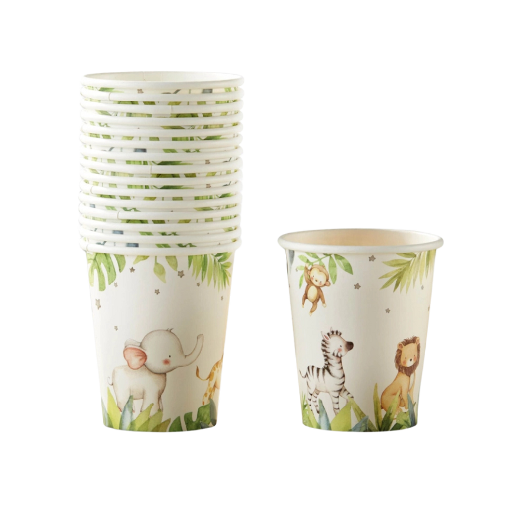 Green and white jungle animal paper cups with elephant and zebra for kids birthday from Parte Haus party supply store in Bethesda MD