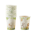 Green and white jungle animal paper cups with elephant and zebra for kids birthday from Parte Haus party supply store in Bethesda MD