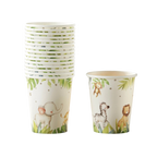 Green and white jungle animal paper cups with elephant and zebra for kids birthday from Parte Haus party supply store in Bethesda MD