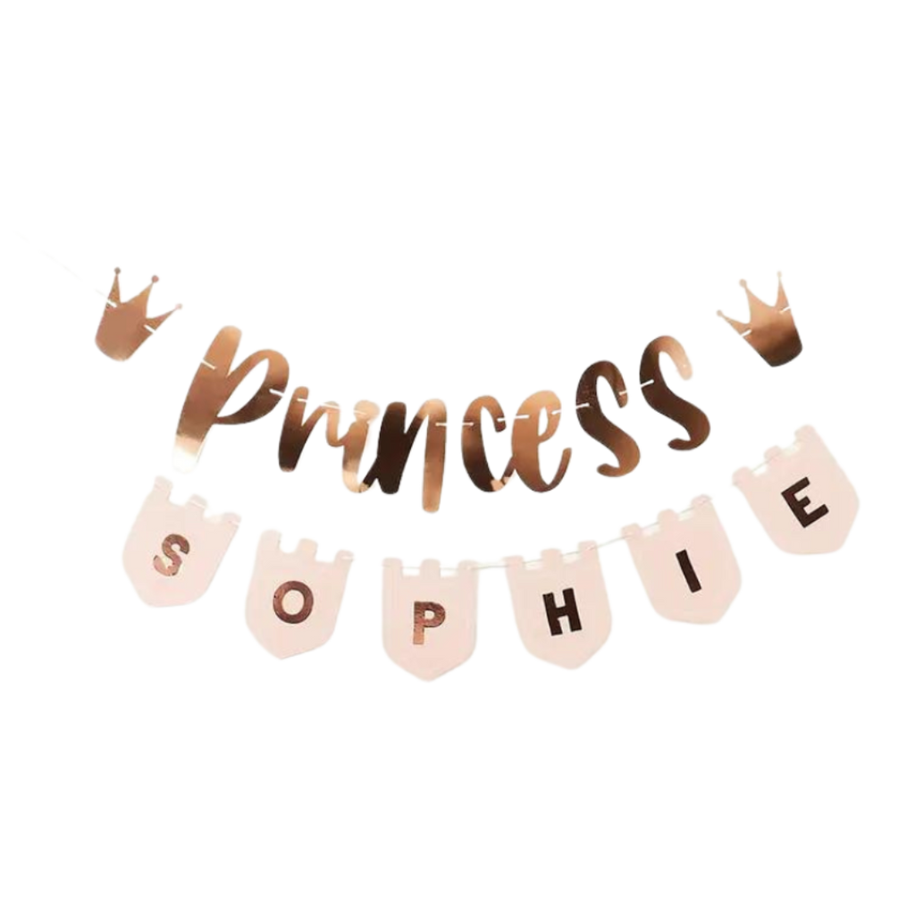 Rose gold princess banner decoration for birthday theme from Parte Haus party supply store in Bethesda MD