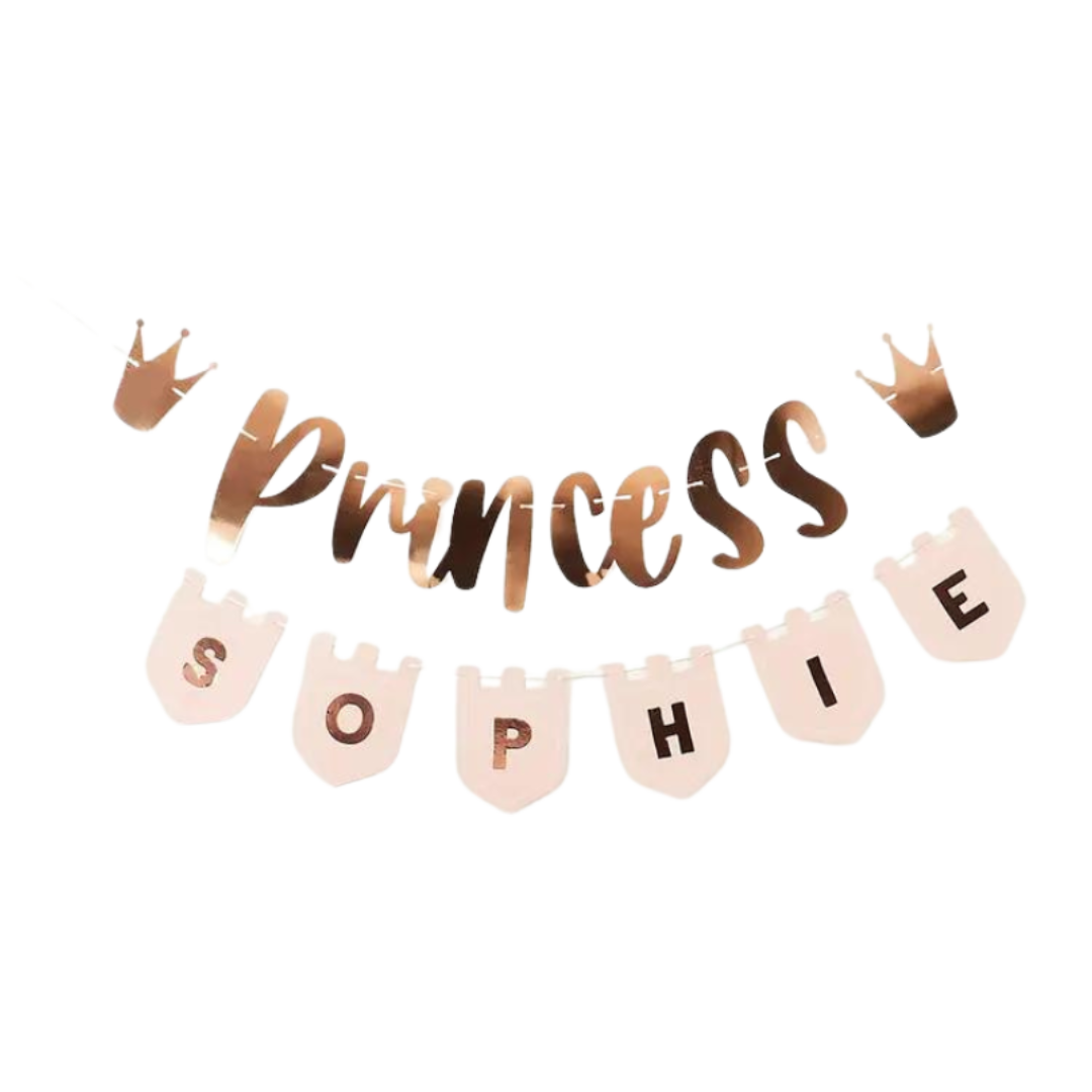 Rose gold princess banner decoration for birthday theme from Parte Haus party supply store in Bethesda MD