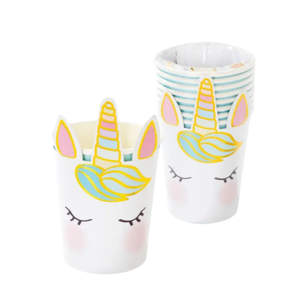 Pastel unicorn paper cups with closed eyes and gold horn for birthday from Parte Haus party supply store in Bethesda MD