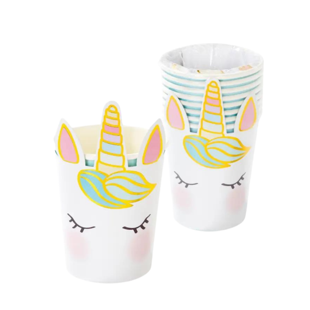 Pastel unicorn paper cups with closed eyes and gold horn for birthday from Parte Haus party supply store in Bethesda MD