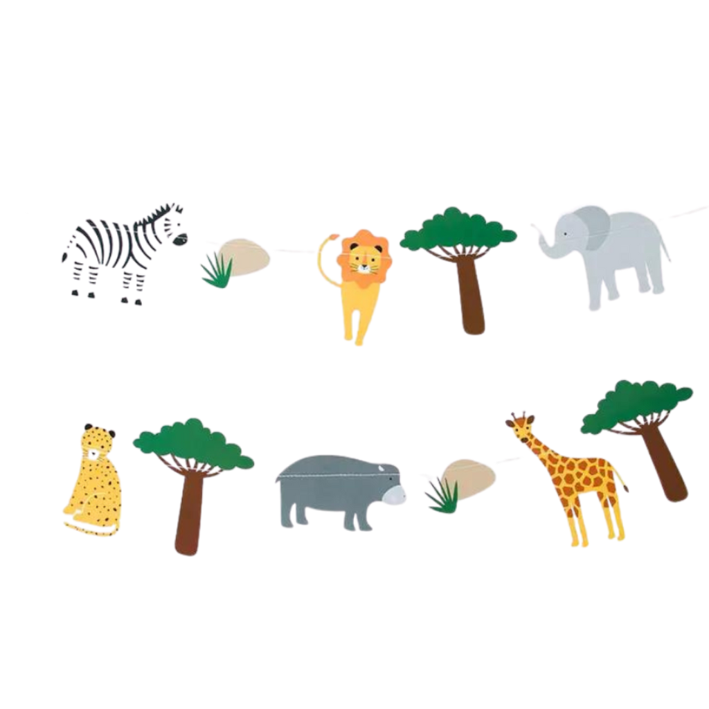 Multicolor safari animal banner with trees and rocks for jungle birthday from Parte Haus party supply store in Bethesda MD