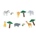 Multicolor safari animal banner with trees and rocks for jungle birthday from Parte Haus party supply store in Bethesda MD