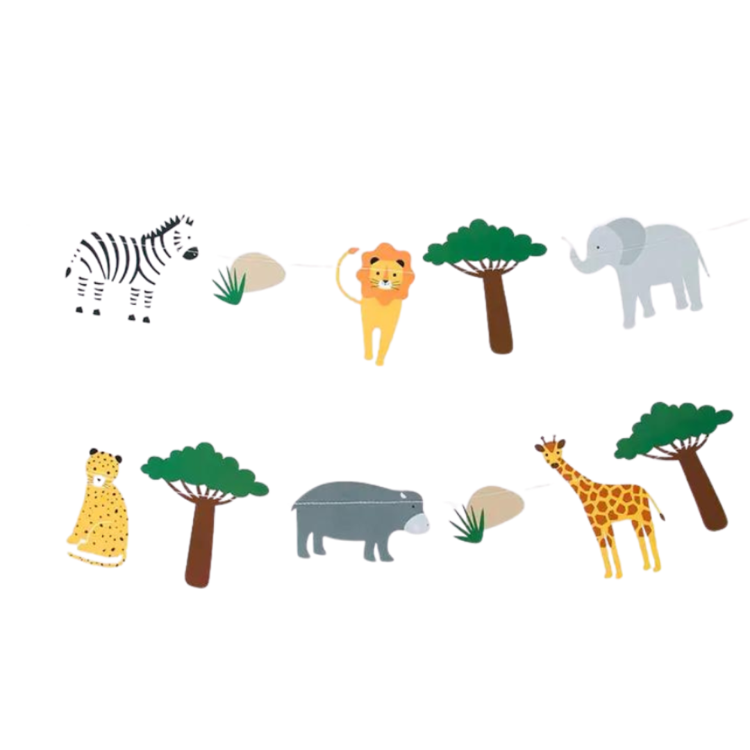 Multicolor safari animal banner with trees and rocks for jungle birthday from Parte Haus party supply store in Bethesda MD