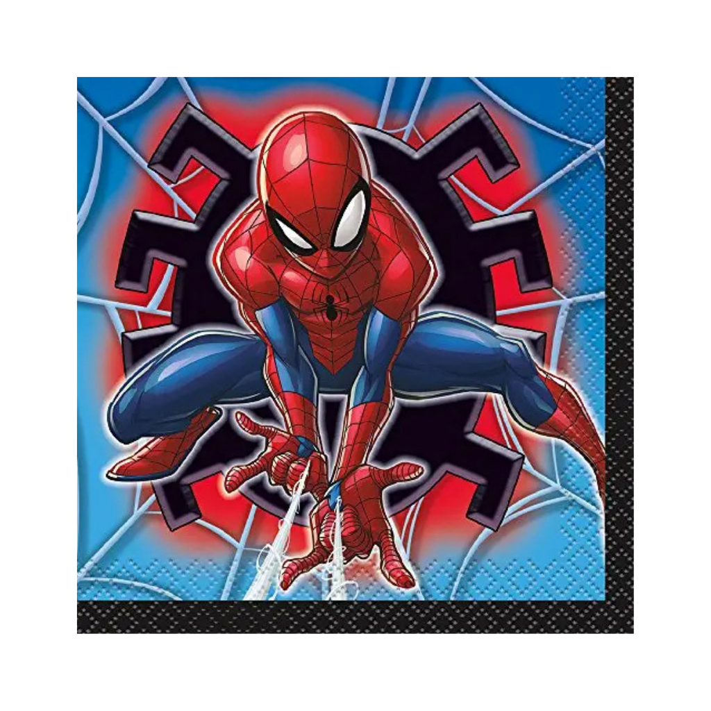 Red blue Spider Man napkin with web and city hero theme from Parte Haus party supply store in Bethesda MD