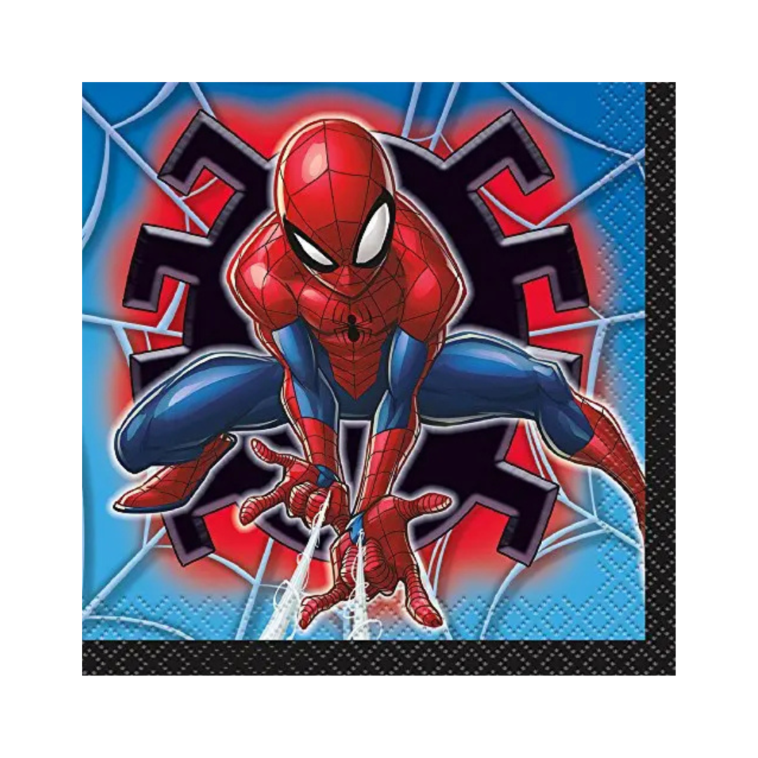Red blue Spider Man napkin with web and city hero theme from Parte Haus party supply store in Bethesda MD