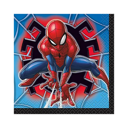 Red blue Spider Man napkin with web and city hero theme from Parte Haus party supply store in Bethesda MD