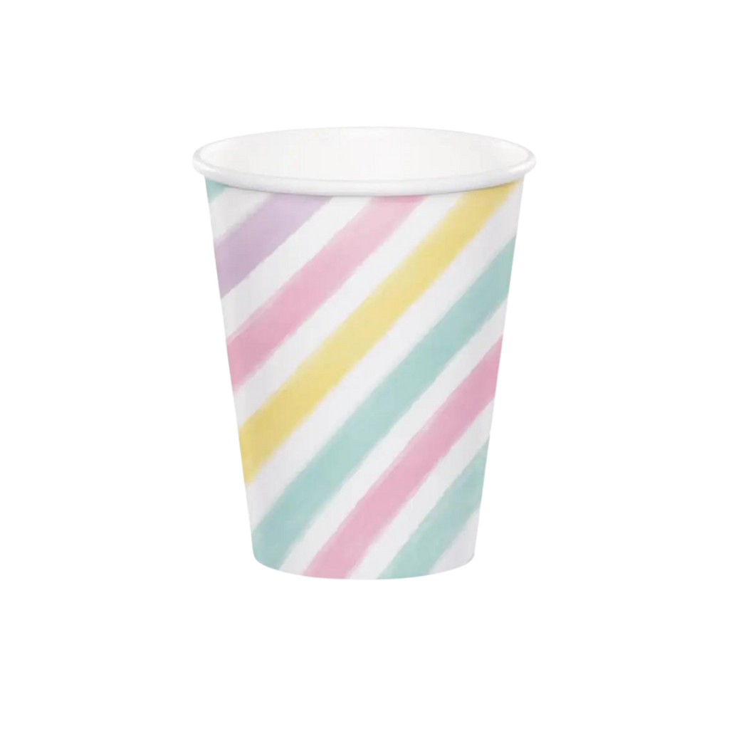 Pastel striped paper cup with rainbow diagonal lines birthday from Parte Haus party supply store in Bethesda MD