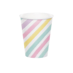 Pastel striped paper cup with rainbow diagonal lines birthday from Parte Haus party supply store in Bethesda MD