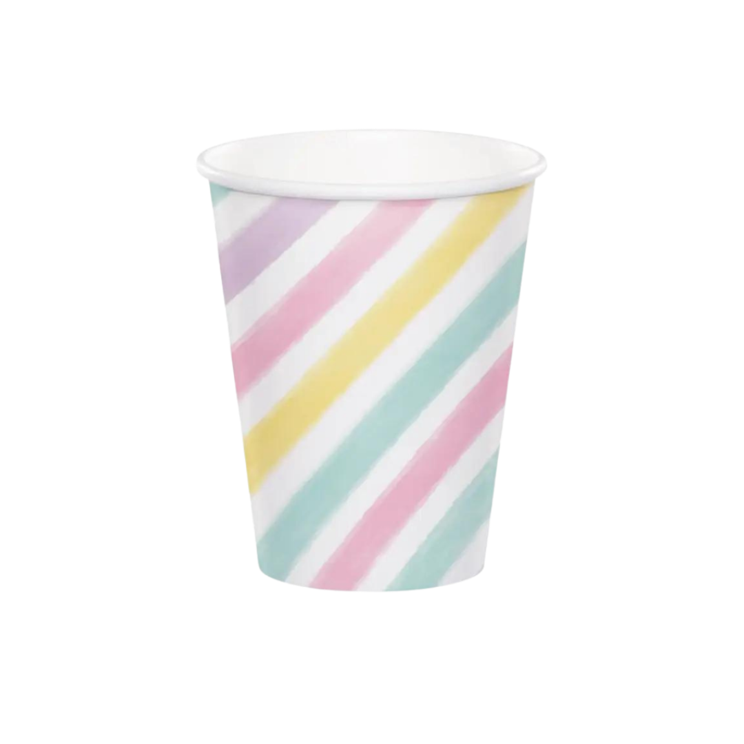 Pastel striped paper cup with rainbow diagonal lines birthday from Parte Haus party supply store in Bethesda MD