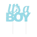 Blue glitter baby shower cake topper says its a boy from Parte Haus party supply store in Bethesda MD