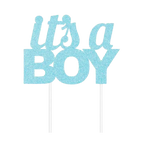 Blue glitter baby shower cake topper says its a boy from Parte Haus party supply store in Bethesda MD
