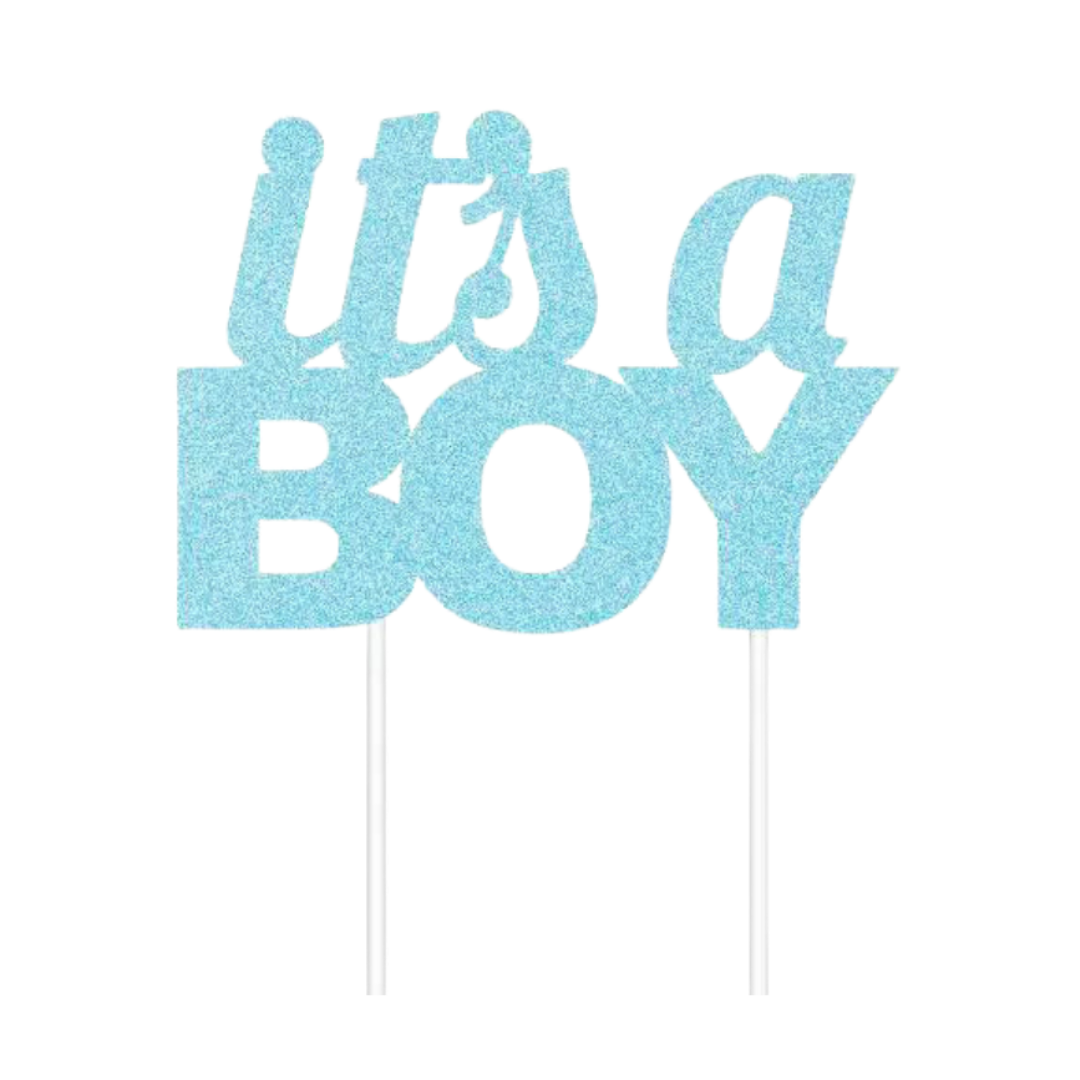 Blue glitter baby shower cake topper says its a boy from Parte Haus party supply store in Bethesda MD