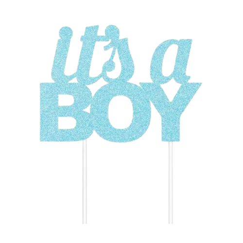 Blue glitter baby shower cake topper says its a boy from Parte Haus party supply store in Bethesda MD