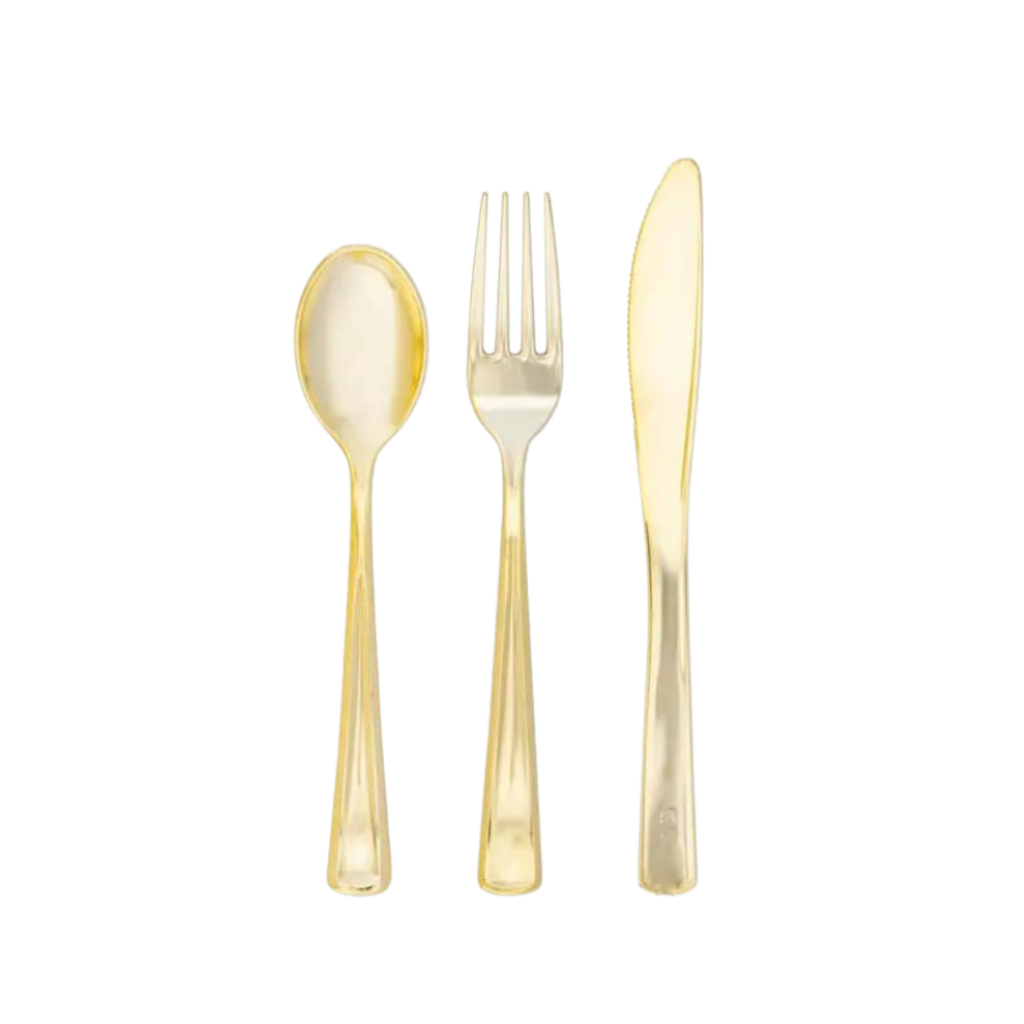 Gold cutlery set with spoon fork and knife for elegant events from Parte Haus party supply store in Bethesda MD.