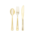 Gold cutlery set with spoon fork and knife for elegant events from Parte Haus party supply store in Bethesda MD.