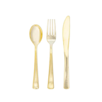 Gold cutlery set with spoon fork and knife for elegant events from Parte Haus party supply store in Bethesda MD.