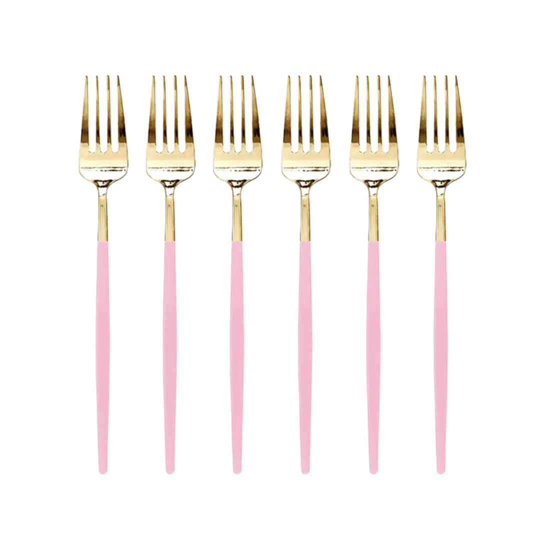 Pink and gold fork set elegant cutlery for birthday from Parte Haus party supply store in Bethesda Maryland