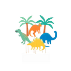 Colorful dinosaur cake toppers with palm trees for kids birthday from Parte Haus party supply store in Bethesda MD