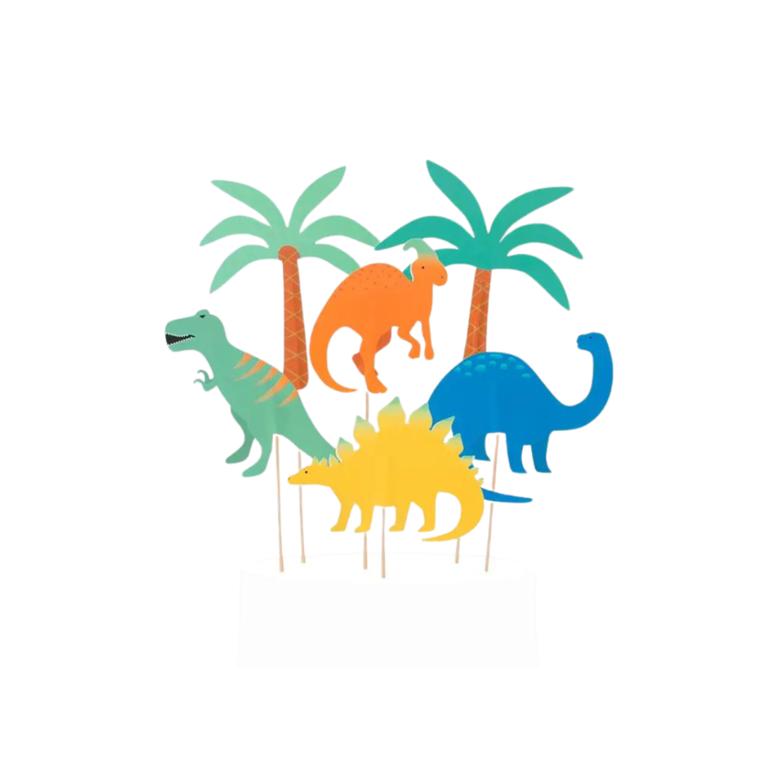 Colorful dinosaur cake toppers with palm trees for kids birthday from Parte Haus party supply store in Bethesda MD