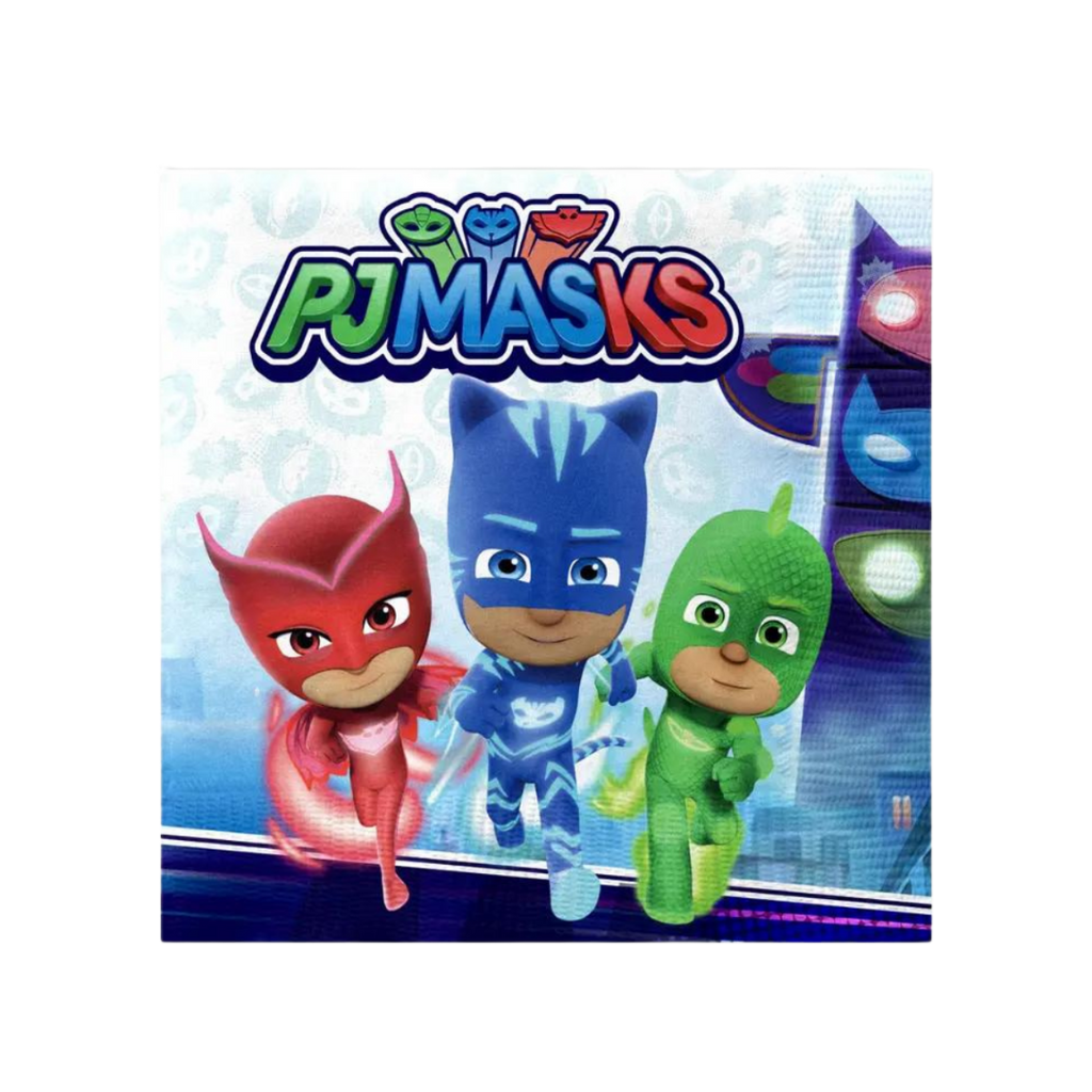 blue red green PJ Masks napkin with superhero characters kids birthday from Parte Haus party supply store in Bethesda MD