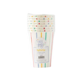 Multicolor striped paper cups with confetti print birthday from Parte Haus party supply store in Bethesda MD